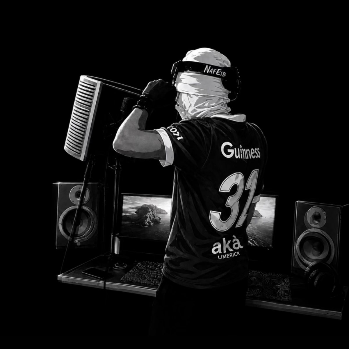 ARES127 in the recording studio, black and white